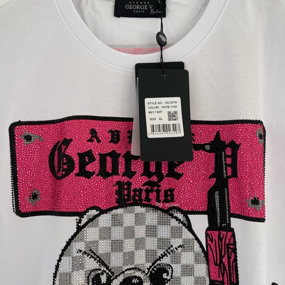 Avenue George V Paris T-Shirt Men's White Shirt Teddy Bear Rhinestone  XL 2XL - Picture 6 of 13